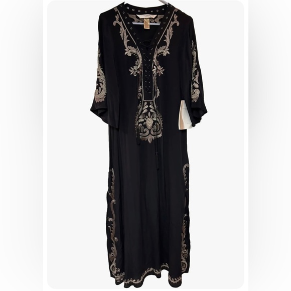 COCO CONTOURS Maxi Dress Embroidered Kaftan Tunic 100% Silk Black Small Kimono - Picture 1 of 6